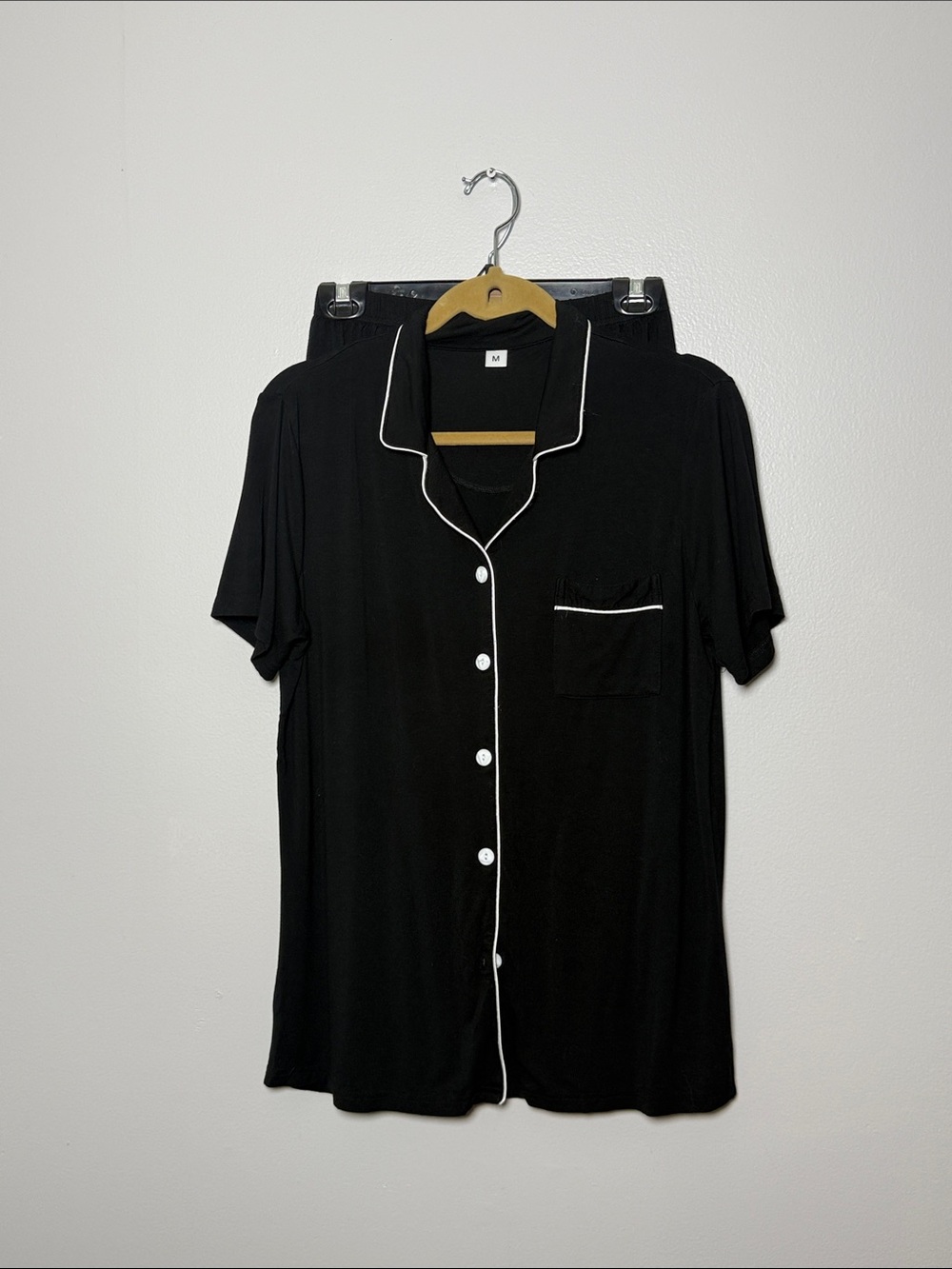 Black Button-Up Pajama Set with White Piping Size Medium